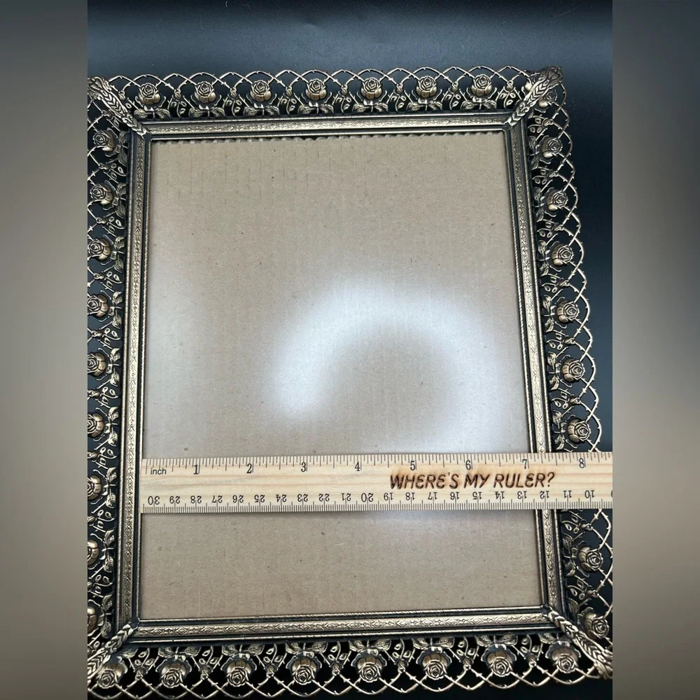 Vintage goldtone metal rose filigree picture frame 7”x9” MCM Ornate